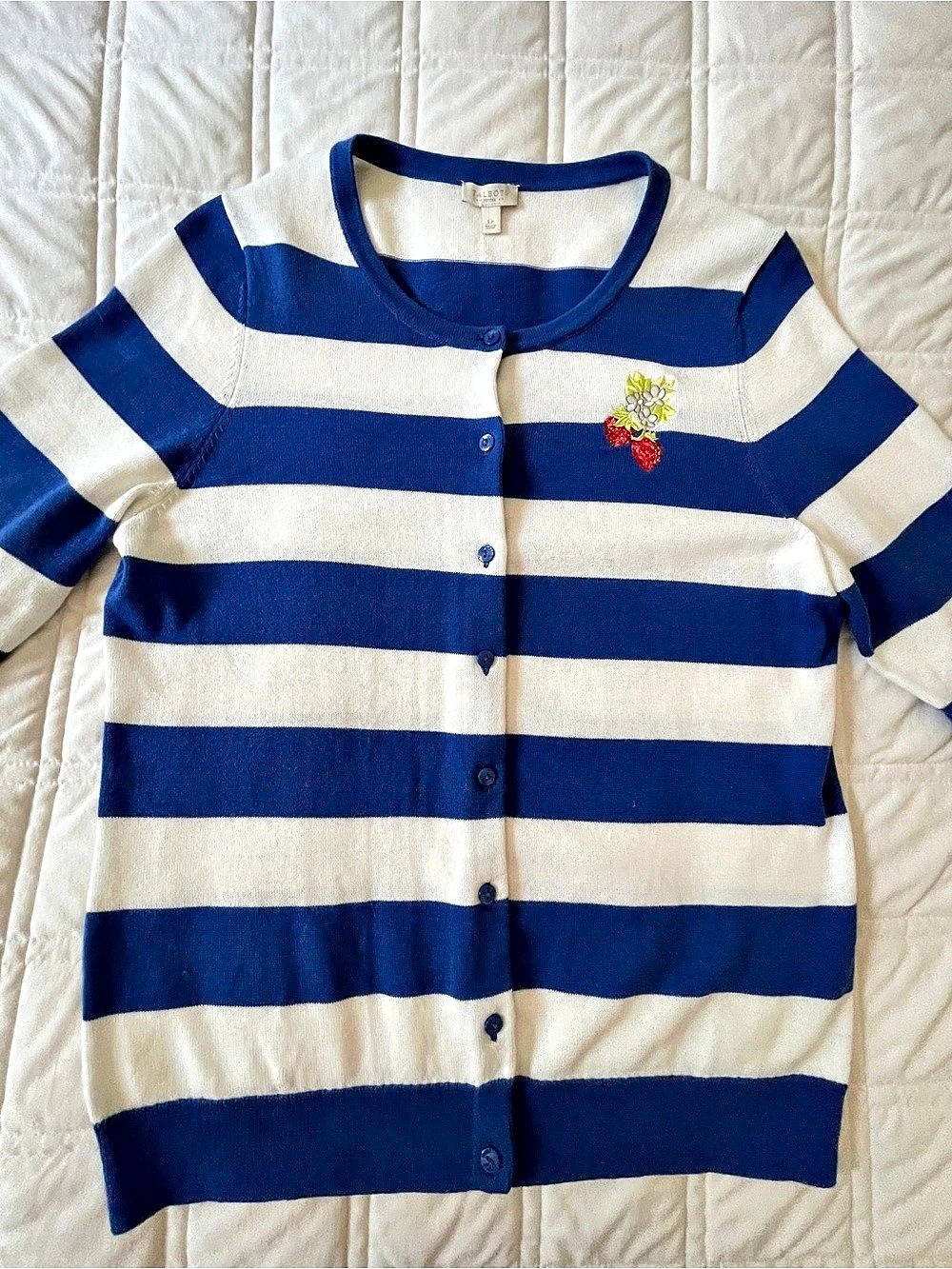 Talbots Blue and White Striped Strawberry Embroidered Cardigan Sweater Cardigan